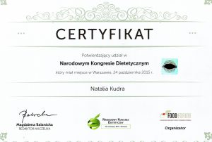 Natalia Kudria - Certyfikat potwierdzający udział w Narodowym Kongresie Dietetycznym