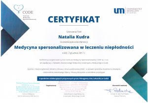 Natalia Kudra - Certyfikat uczestnictwa w konferencji "Medycyna spersonalizowana w leczeniu niepłodności"