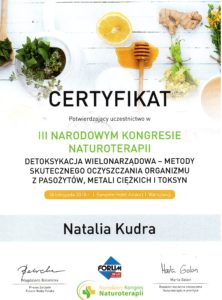 Natalia Kudra - Certyfikat uczestnictwa w III Narodowym Kongresie Naturoterapii